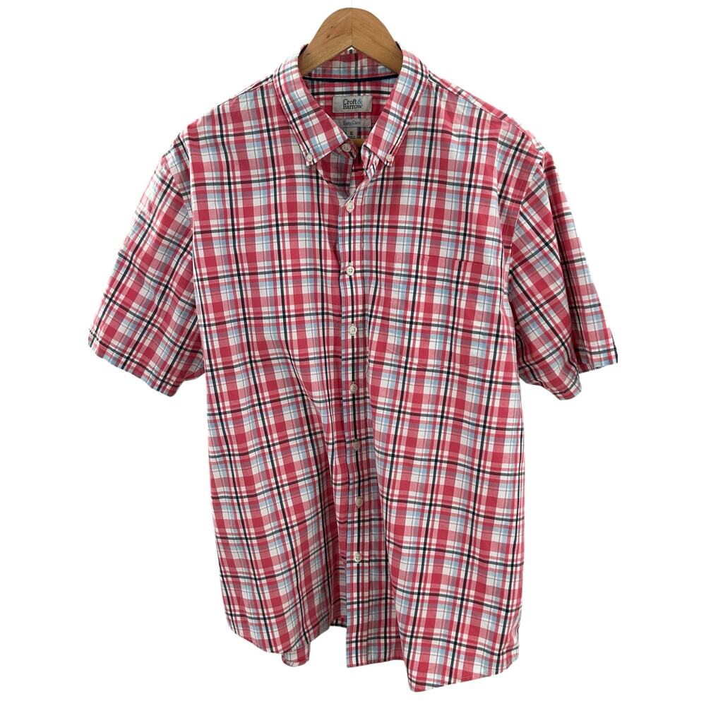 Croft & Barrow Mens Shirt XL Plaid Short‎ Sleeve Button Down Red Easy Care